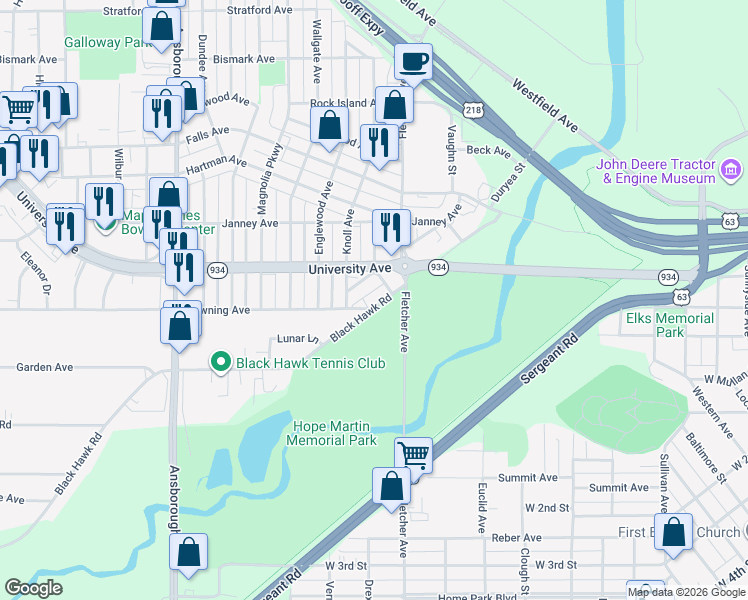map of restaurants, bars, coffee shops, grocery stores, and more near 416 Black Hawk Road in Waterloo