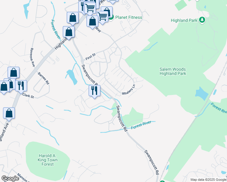 map of restaurants, bars, coffee shops, grocery stores, and more near 20 Brittania Circle in Salem