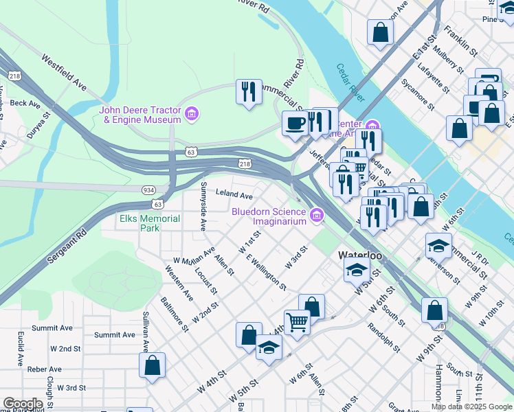 map of restaurants, bars, coffee shops, grocery stores, and more near 613 West Mullan Avenue in Waterloo
