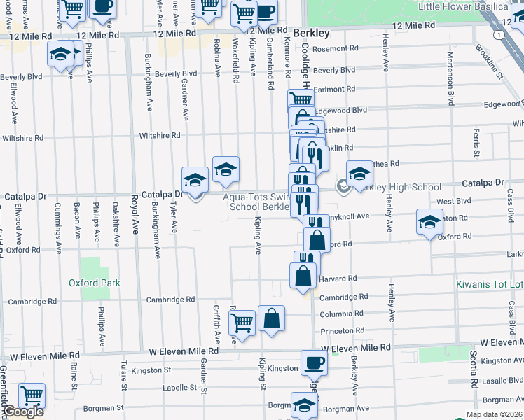map of restaurants, bars, coffee shops, grocery stores, and more near 2482 Kipling Avenue in Berkley