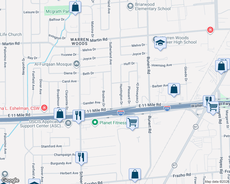 map of restaurants, bars, coffee shops, grocery stores, and more near 27207 Sutherland Avenue in Warren