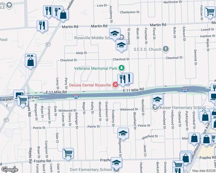 map of restaurants, bars, coffee shops, grocery stores, and more near 27060 Grandmont Street in Roseville