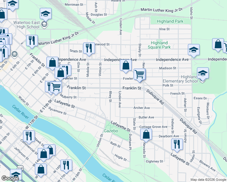 map of restaurants, bars, coffee shops, grocery stores, and more near 1802 Franklin St in Waterloo