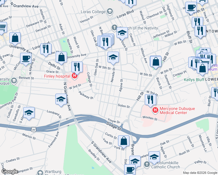 map of restaurants, bars, coffee shops, grocery stores, and more near 266 Nevada Street in Dubuque