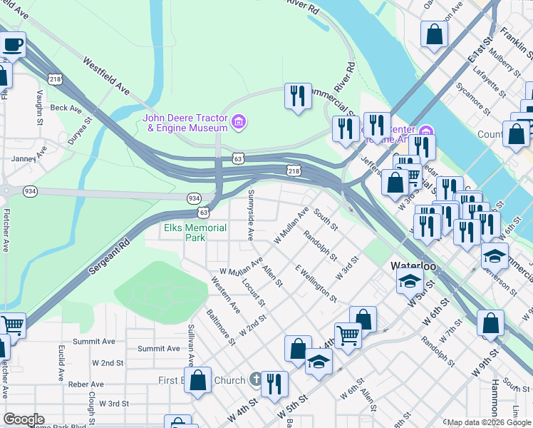 map of restaurants, bars, coffee shops, grocery stores, and more near 222 Randall Street in Waterloo
