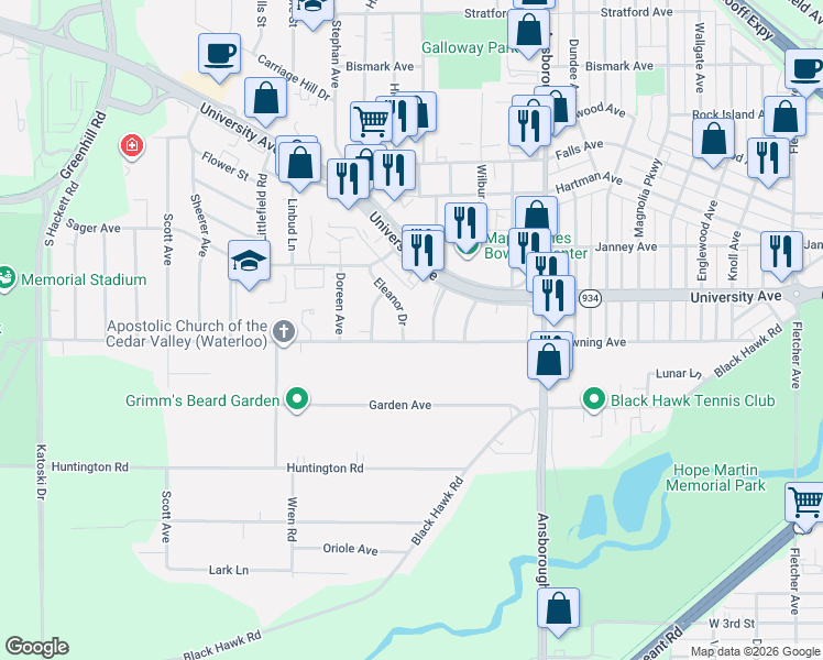 map of restaurants, bars, coffee shops, grocery stores, and more near 1255 Eleanor Dr in Waterloo