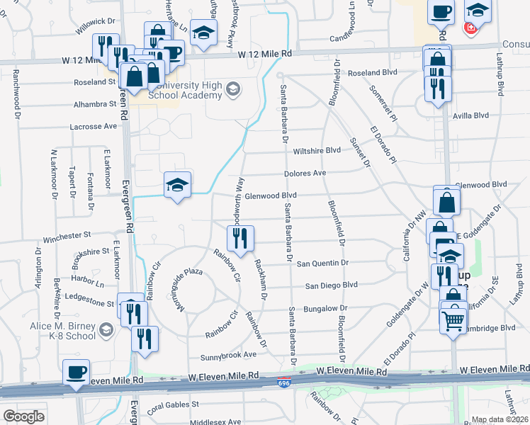 map of restaurants, bars, coffee shops, grocery stores, and more near 19080 Saratoga Boulevard in Lathrup Village