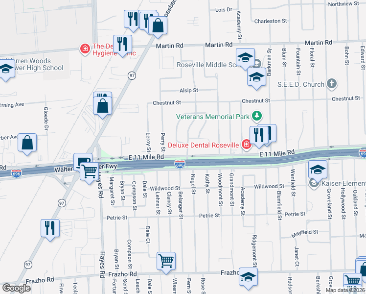map of restaurants, bars, coffee shops, grocery stores, and more near 27119 W Crestmont St in Roseville