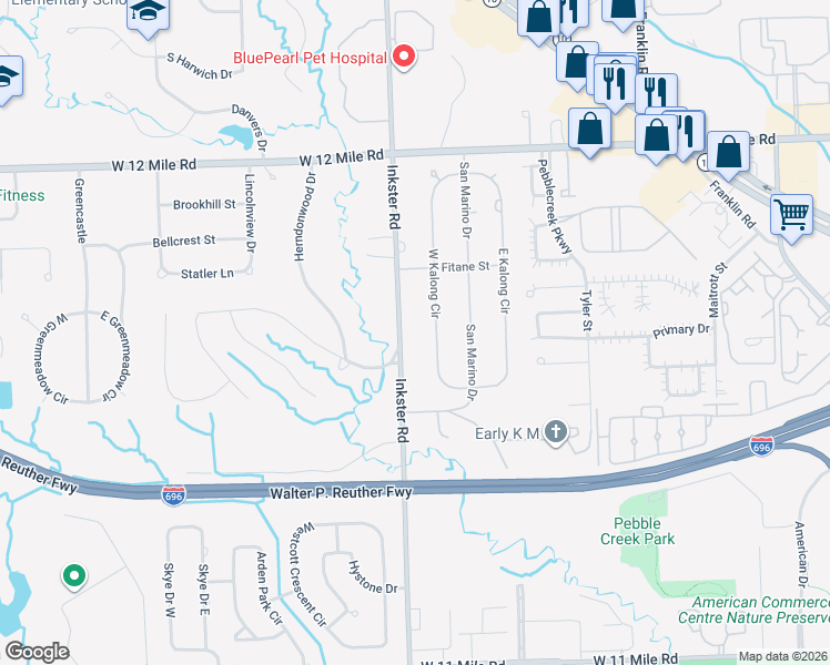 map of restaurants, bars, coffee shops, grocery stores, and more near 28350 Inkster Road in Southfield