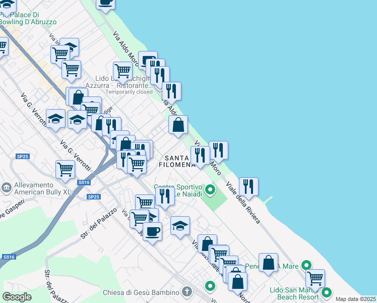 map of restaurants, bars, coffee shops, grocery stores, and more near 12C Via Crati in Montesilvano