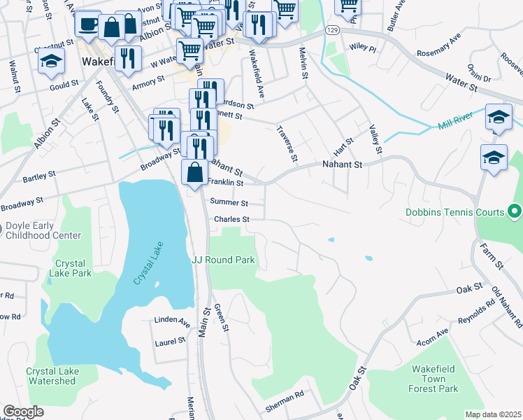 map of restaurants, bars, coffee shops, grocery stores, and more near 30 Summer Street in Wakefield