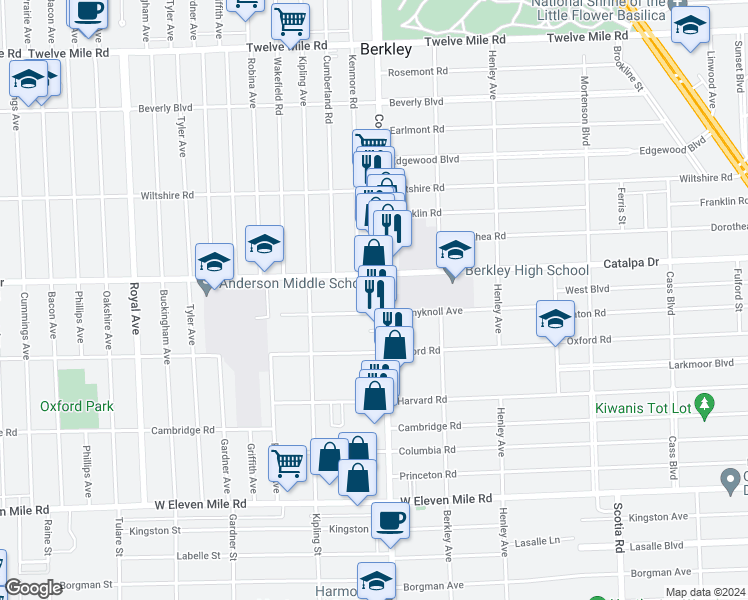 map of restaurants, bars, coffee shops, grocery stores, and more near 2485 Coolidge Highway in Berkley
