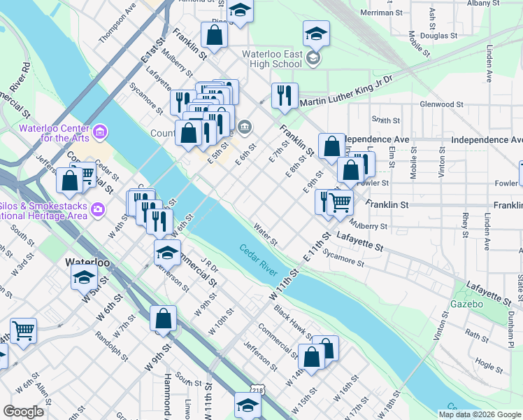 map of restaurants, bars, coffee shops, grocery stores, and more near 924 Sycamore Street in Waterloo