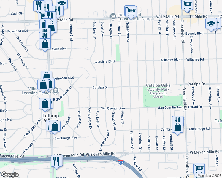 map of restaurants, bars, coffee shops, grocery stores, and more near 27738 Lexington Parkway in Southfield