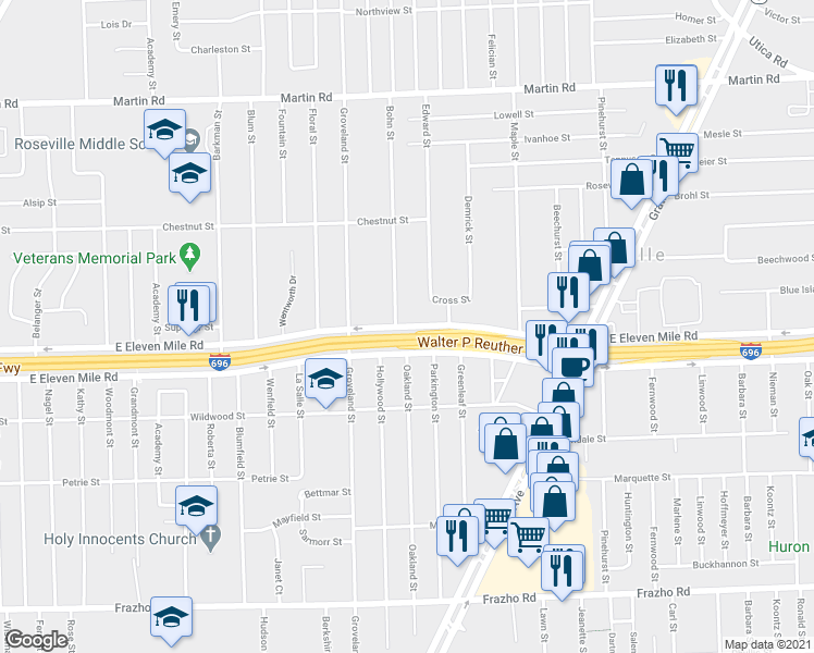 map of restaurants, bars, coffee shops, grocery stores, and more near 16920 East 11 Mile Road in Roseville