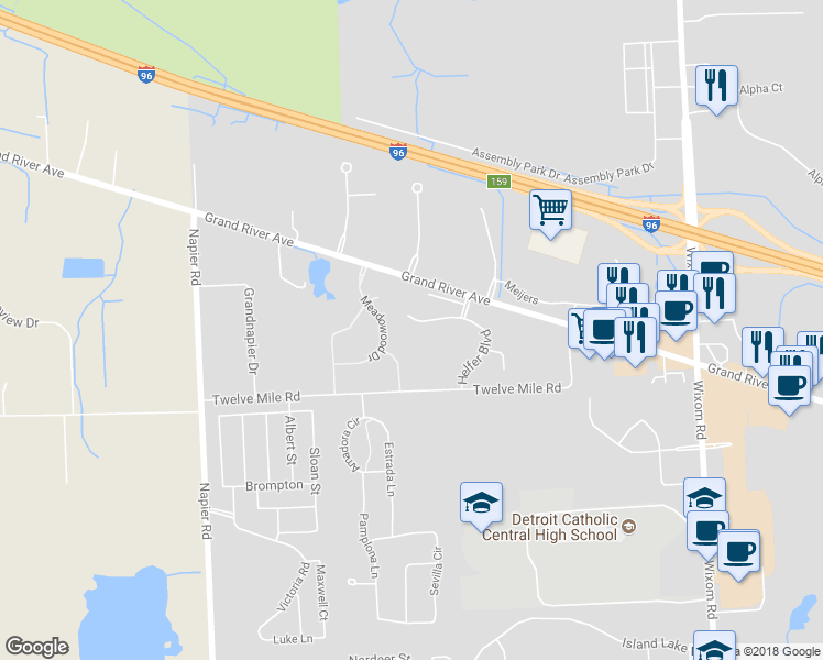 map of restaurants, bars, coffee shops, grocery stores, and more near 50343 Helfer Boulevard in Wixom