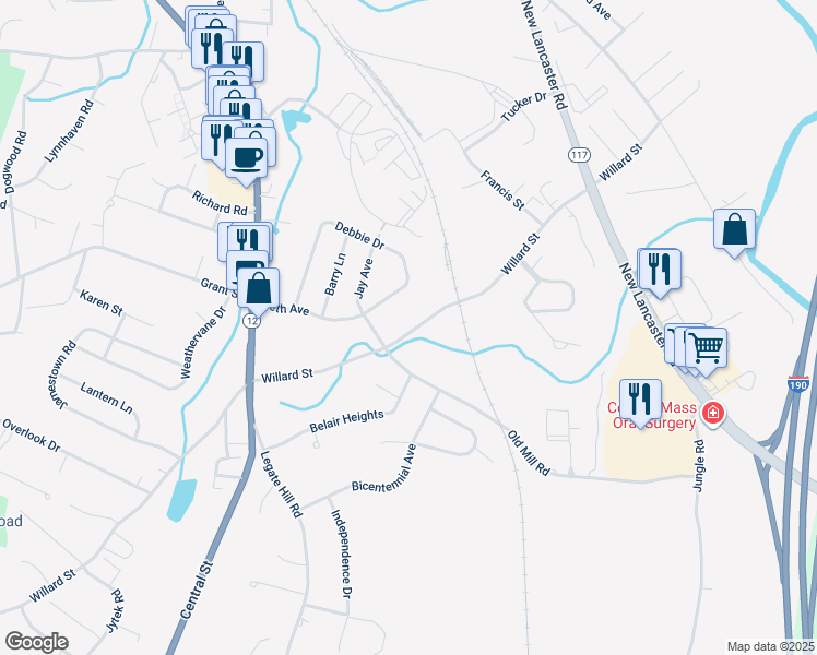 map of restaurants, bars, coffee shops, grocery stores, and more near 275 Willard Street in Leominster