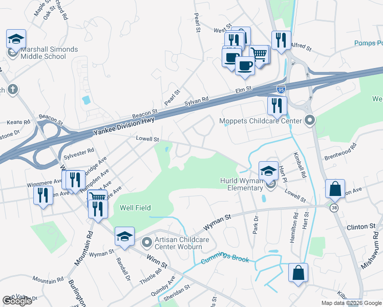 map of restaurants, bars, coffee shops, grocery stores, and more near 17 Darling Drive in Woburn