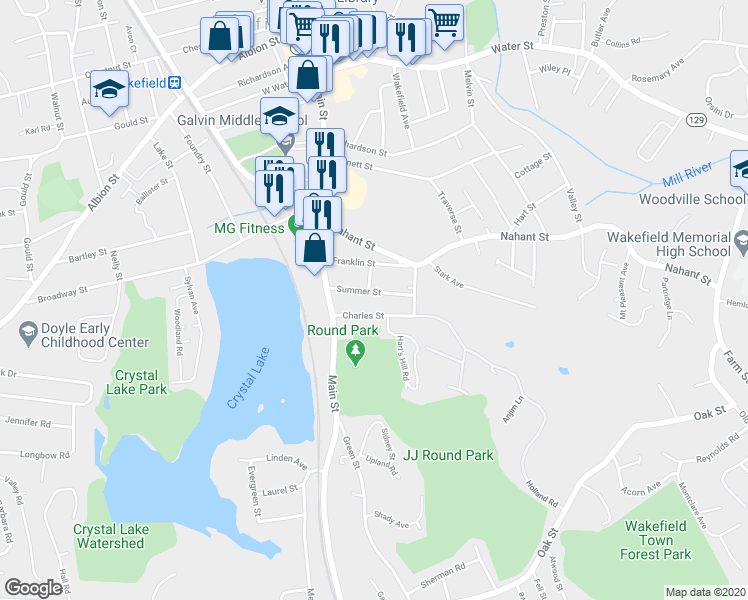 map of restaurants, bars, coffee shops, grocery stores, and more near 21 Charles Street in Wakefield