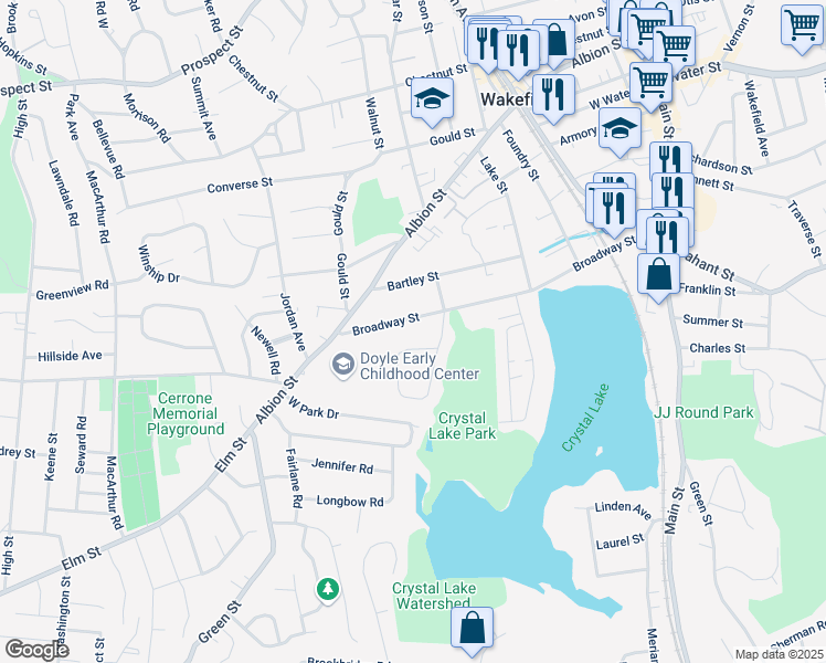 map of restaurants, bars, coffee shops, grocery stores, and more near 80 Plymouth Road in Wakefield