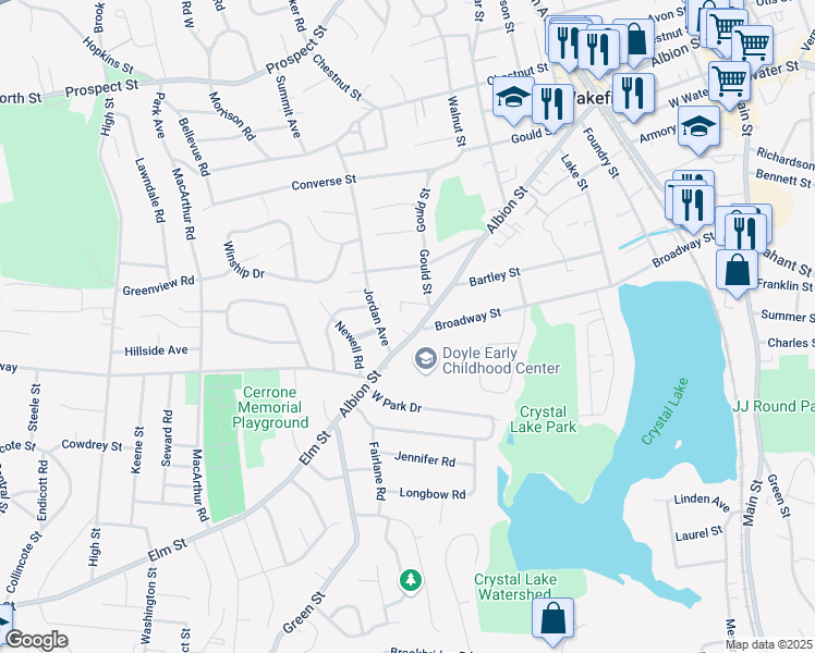 map of restaurants, bars, coffee shops, grocery stores, and more near 214 Broadway Street in Wakefield