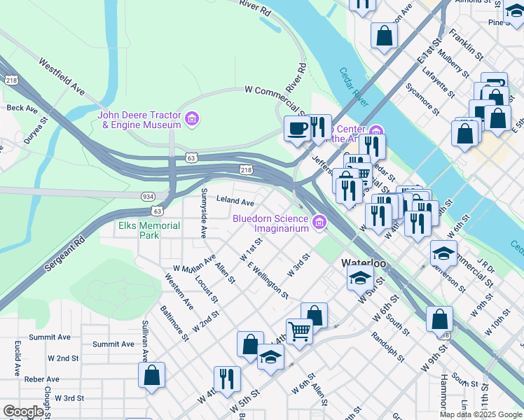 map of restaurants, bars, coffee shops, grocery stores, and more near 613 West Mullan Avenue in Waterloo