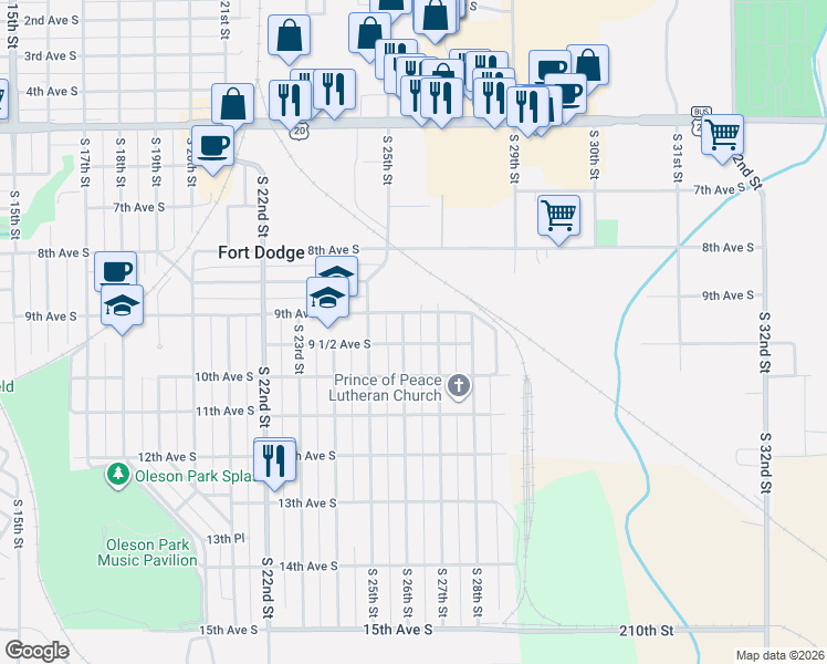 map of restaurants, bars, coffee shops, grocery stores, and more near 922 S 26th St in Fort Dodge