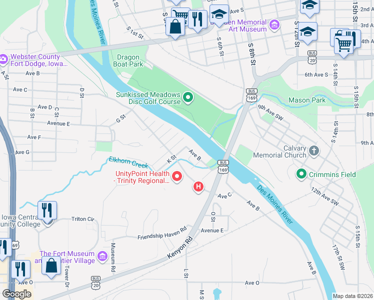 map of restaurants, bars, coffee shops, grocery stores, and more near 213 K Street in Fort Dodge