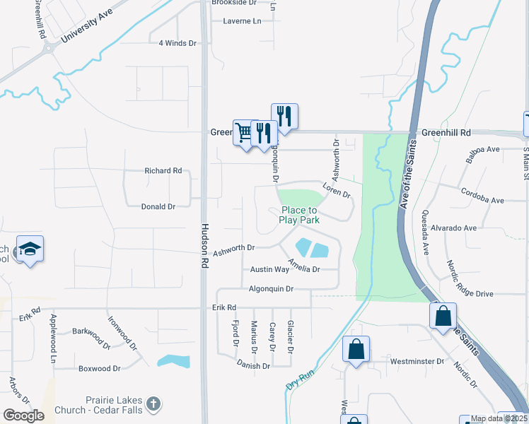 map of restaurants, bars, coffee shops, grocery stores, and more near 4715 Algonquin Drive in Cedar Falls