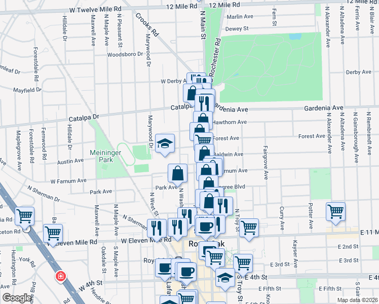 map of restaurants, bars, coffee shops, grocery stores, and more near 712 North Washington Avenue in Royal Oak