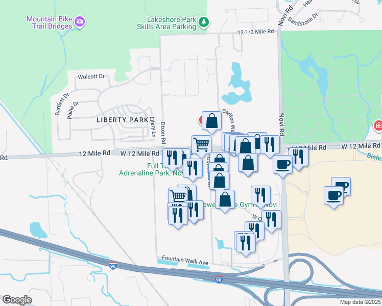 map of restaurants, bars, coffee shops, grocery stores, and more near 44009 West 12 Mile Road in Novi