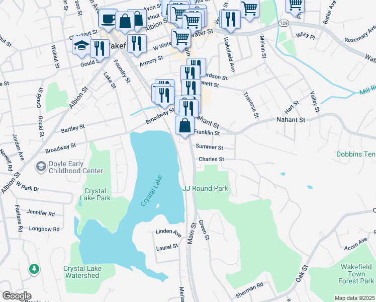 map of restaurants, bars, coffee shops, grocery stores, and more near 685 Main Street in Wakefield