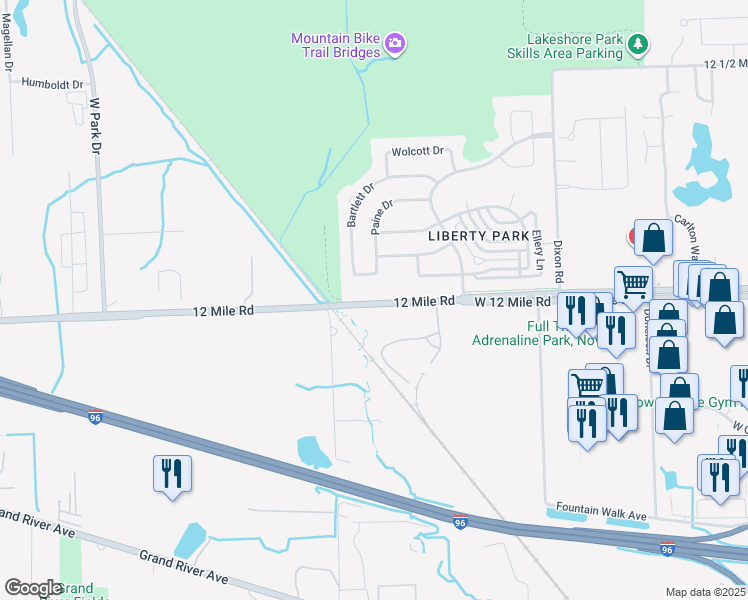 map of restaurants, bars, coffee shops, grocery stores, and more near 44790 West 12 Mile Road in Novi
