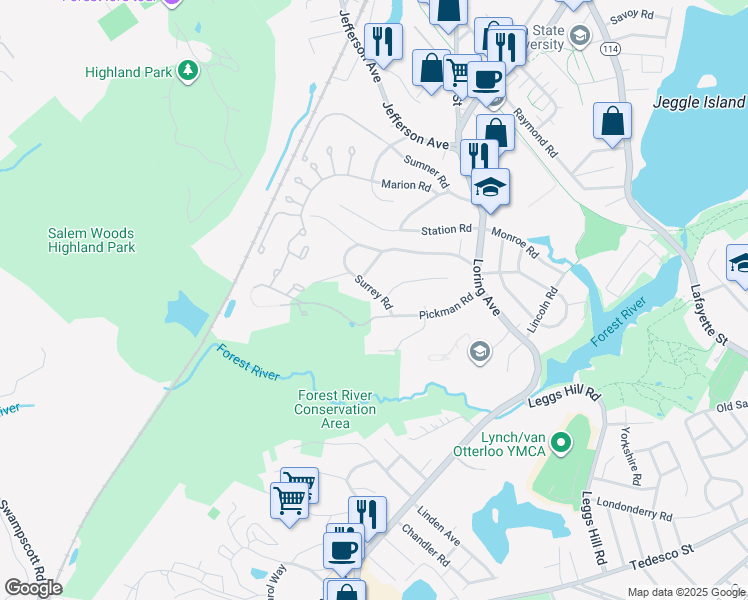 map of restaurants, bars, coffee shops, grocery stores, and more near 3 Surrey Road in Salem