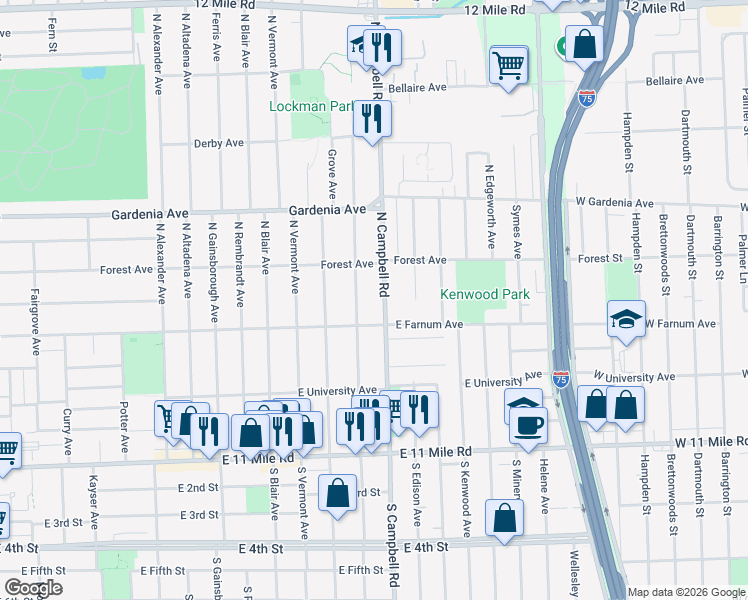 map of restaurants, bars, coffee shops, grocery stores, and more near 616 North Wilson Avenue in Royal Oak