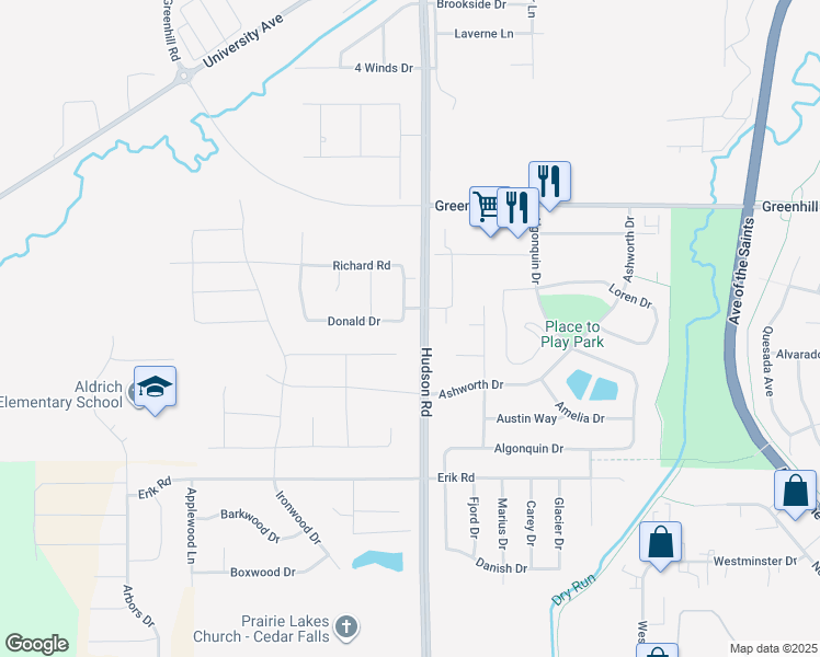 map of restaurants, bars, coffee shops, grocery stores, and more near 4716 Donald Drive in Cedar Falls