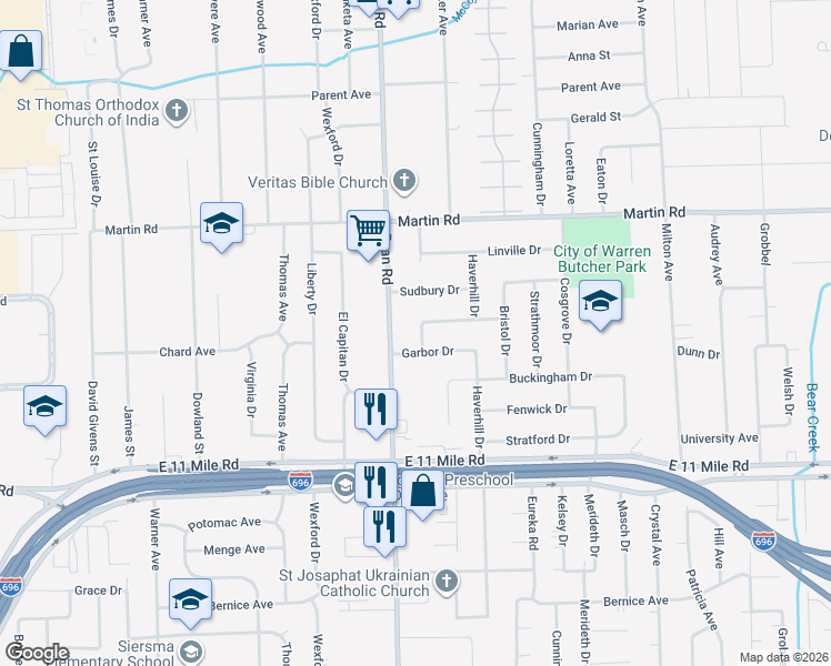 map of restaurants, bars, coffee shops, grocery stores, and more near 4203 Garbor Drive in Warren