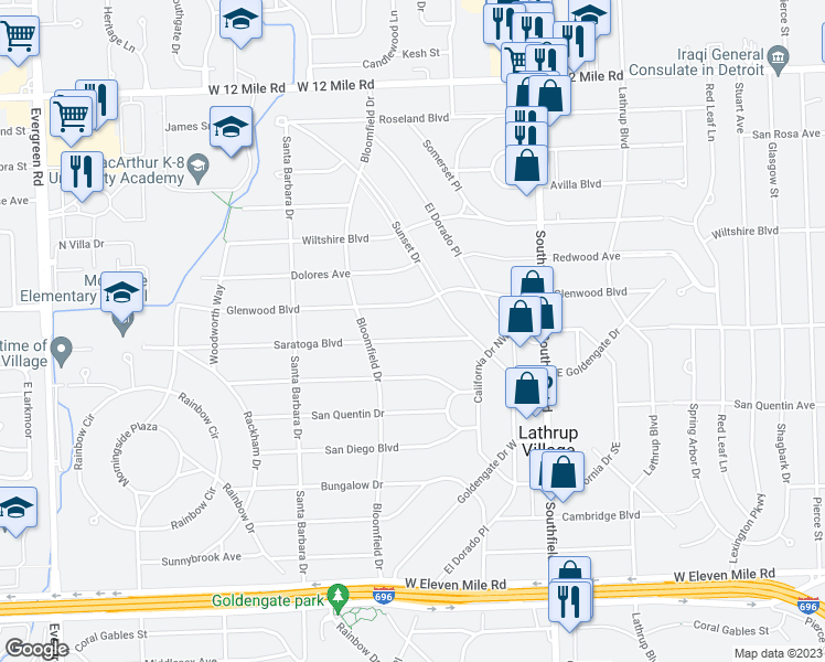 map of restaurants, bars, coffee shops, grocery stores, and more near 18516 Saratoga Boulevard in Lathrup Village