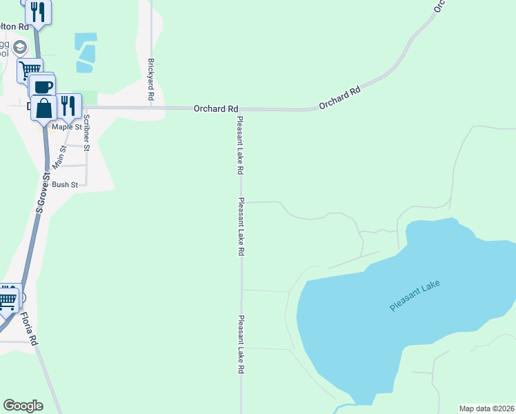 map of restaurants, bars, coffee shops, grocery stores, and more near 10799 Pleasant Lake Road in Delton