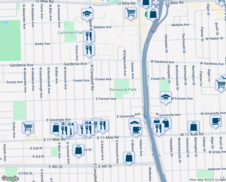 map of restaurants, bars, coffee shops, grocery stores, and more near 612 North Dorchester Avenue in Royal Oak