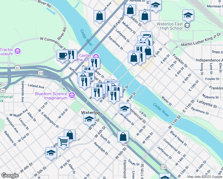 map of restaurants, bars, coffee shops, grocery stores, and more near 603 Commercial Street in Waterloo