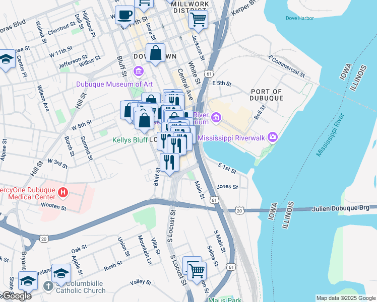 map of restaurants, bars, coffee shops, grocery stores, and more near 80 Main Street in Dubuque