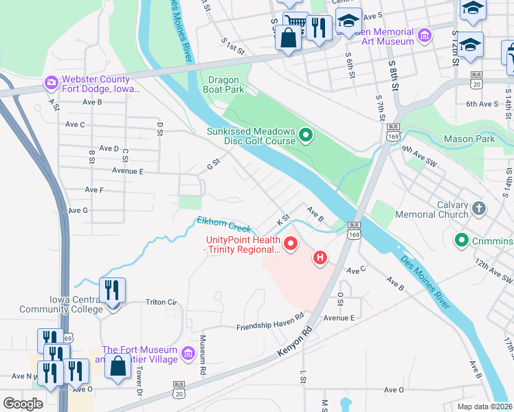 map of restaurants, bars, coffee shops, grocery stores, and more near 316 J Street in Fort Dodge