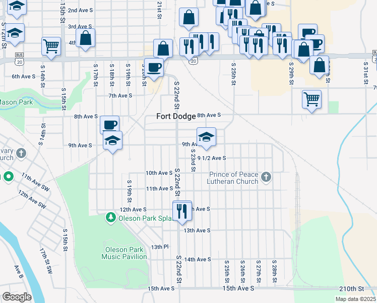 map of restaurants, bars, coffee shops, grocery stores, and more near 2220 9 1/2 Avenue South in Fort Dodge