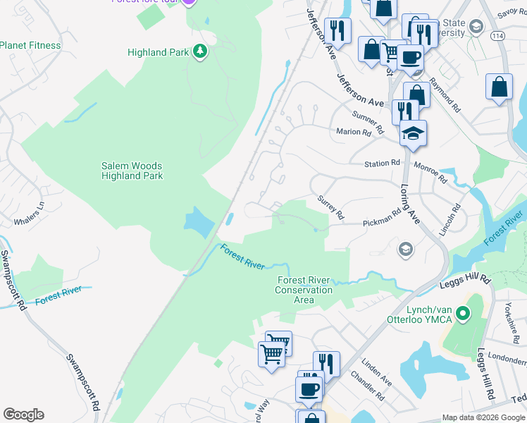 map of restaurants, bars, coffee shops, grocery stores, and more near 56 Pickman Road in Salem