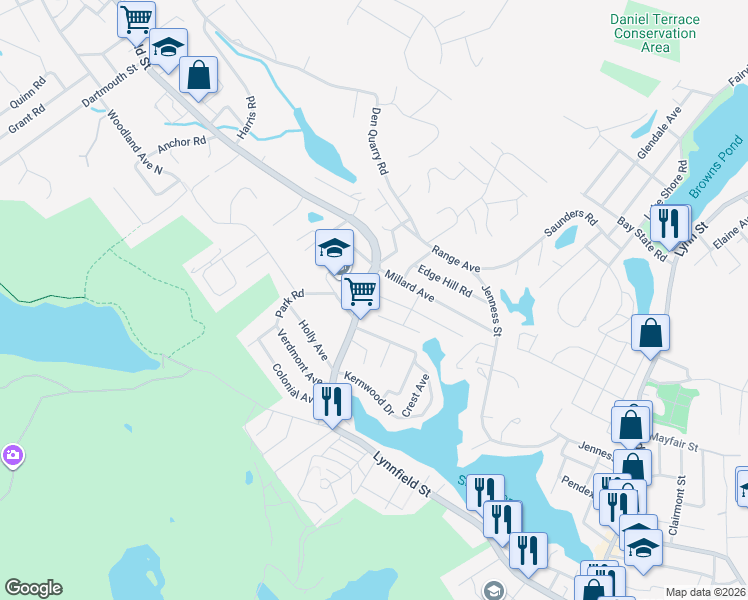 map of restaurants, bars, coffee shops, grocery stores, and more near 23 Sutcliffe Road in Lynn