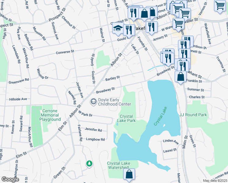 map of restaurants, bars, coffee shops, grocery stores, and more near 80 Plymouth Road in Wakefield