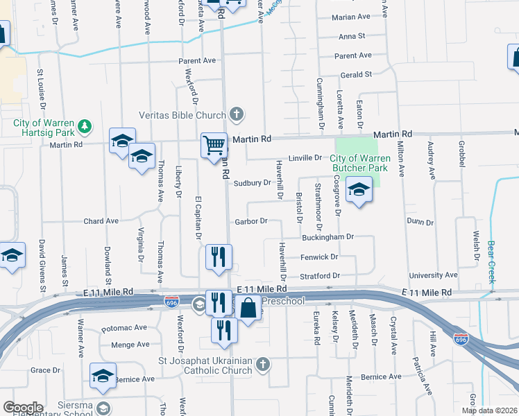 map of restaurants, bars, coffee shops, grocery stores, and more near 4203 Garbor Drive in Warren