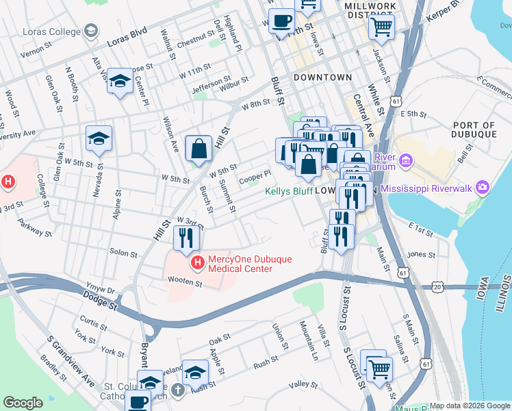 map of restaurants, bars, coffee shops, grocery stores, and more near 500 West 3rd Street in Dubuque