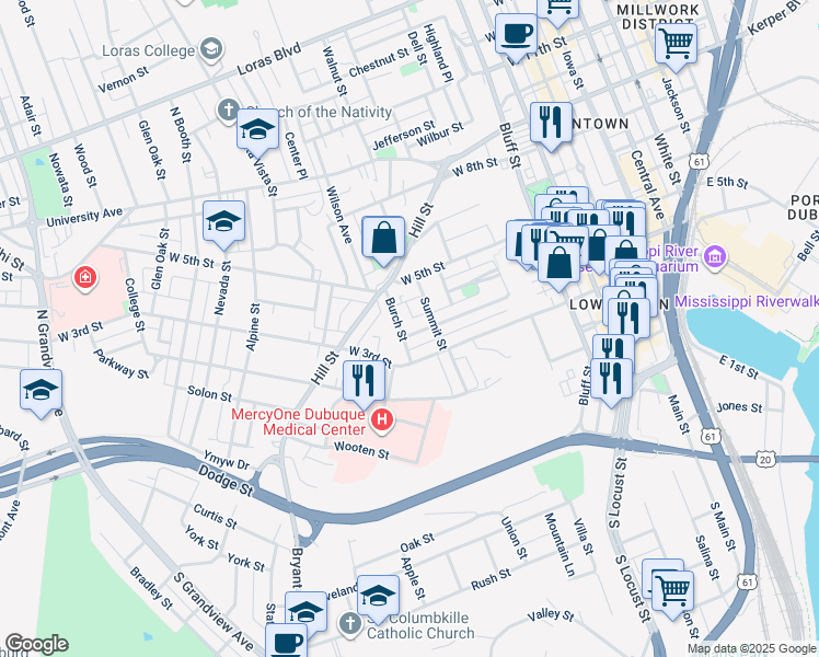 map of restaurants, bars, coffee shops, grocery stores, and more near 360 Burch Street in Dubuque
